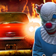 A creepy clown from GTA Online stands in front of a ghost car from the Halloween update.